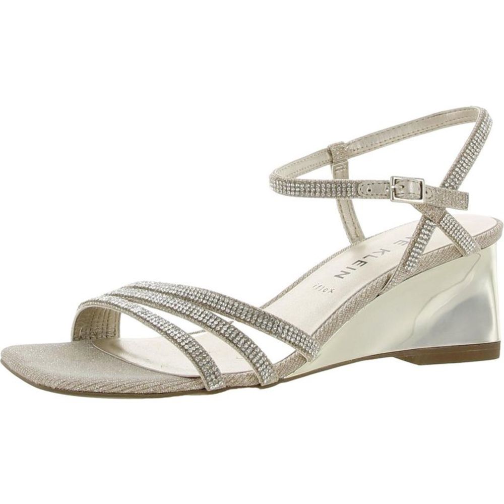 Anne Klein Womens Genie Silver Rhinestone Glitter Wedge Sandals Shoes Used
